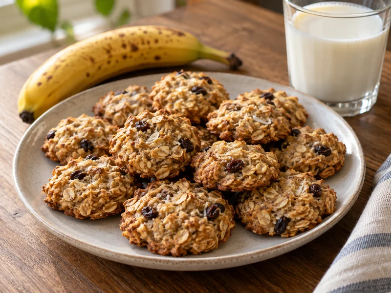 Soft banana oat cookies with ripe banana, oats, and raisins.