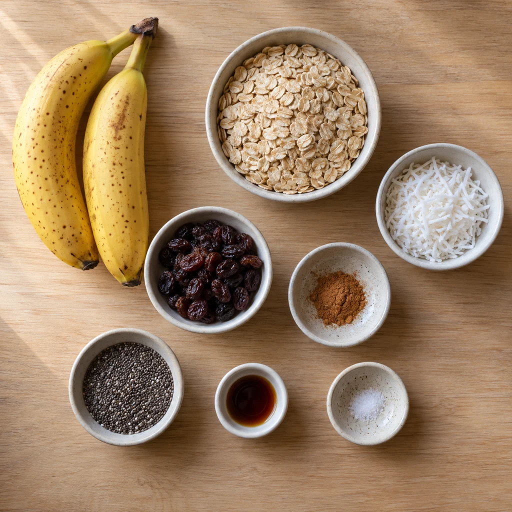 Bananas, rolled oats, coconut, raisins, cinnamon, chia seeds, vanilla, and salt arranged together