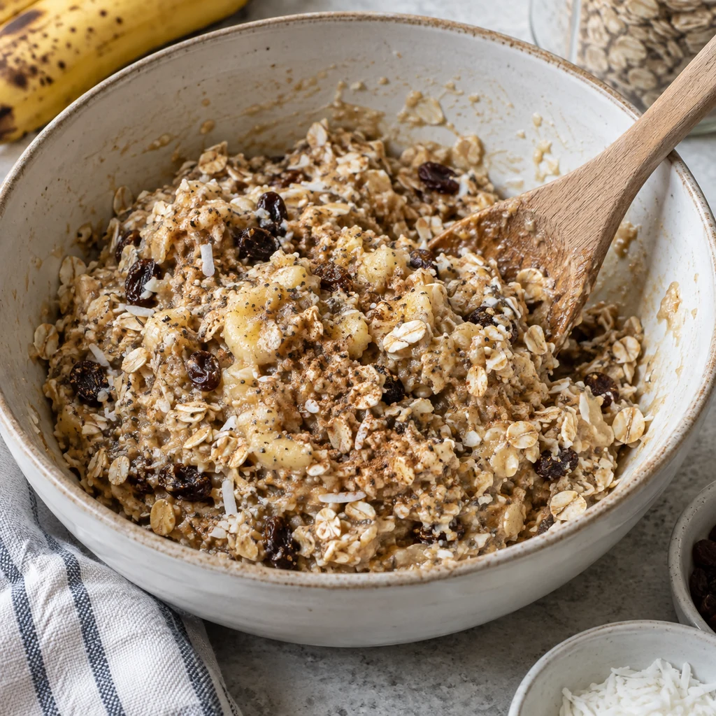 Mashed banana being stirred with oats, coconut, raisins, cinnamon, chia, vanilla, and salt