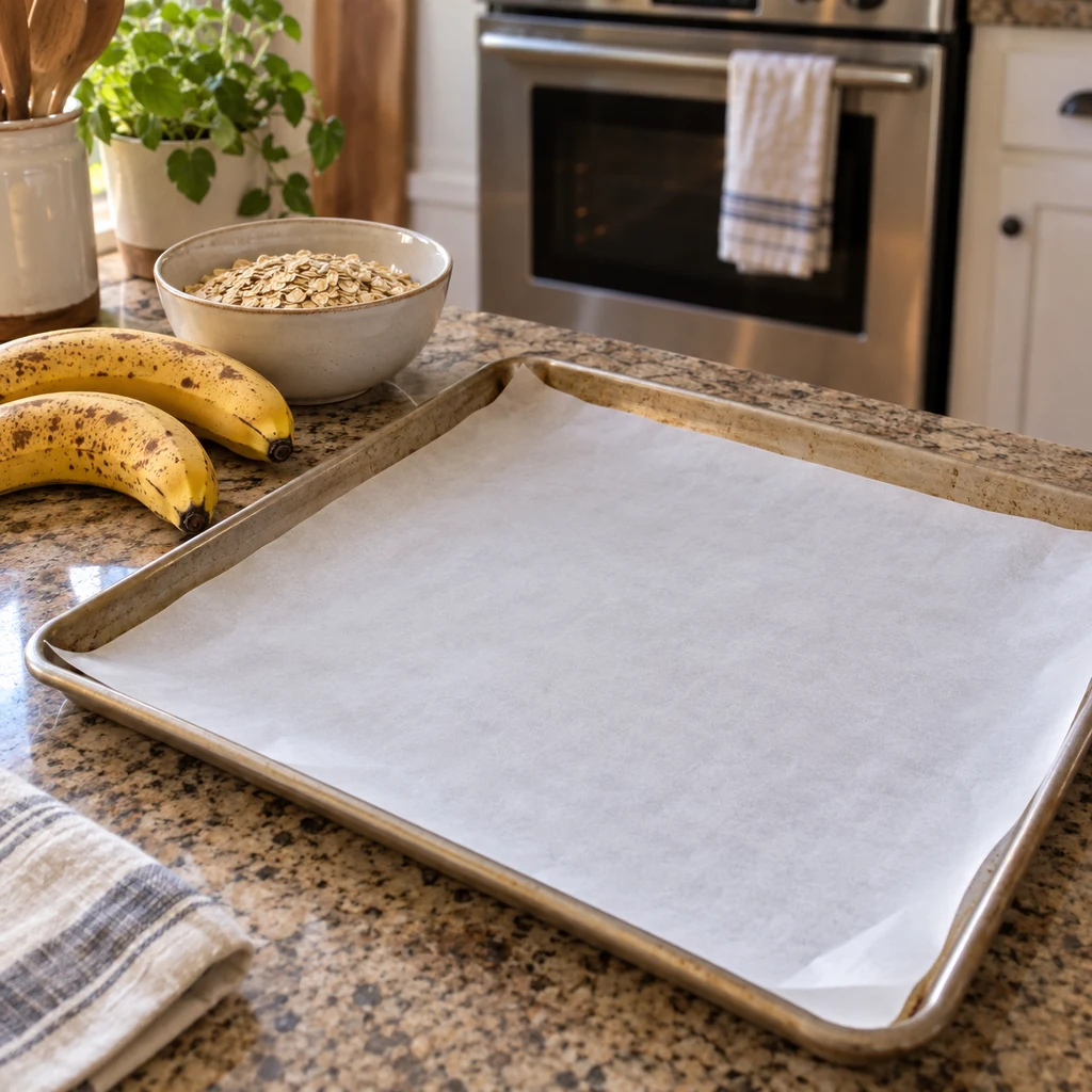 Empty parchment-lined baking sheet beside a preheated oven for banana oat cookies
