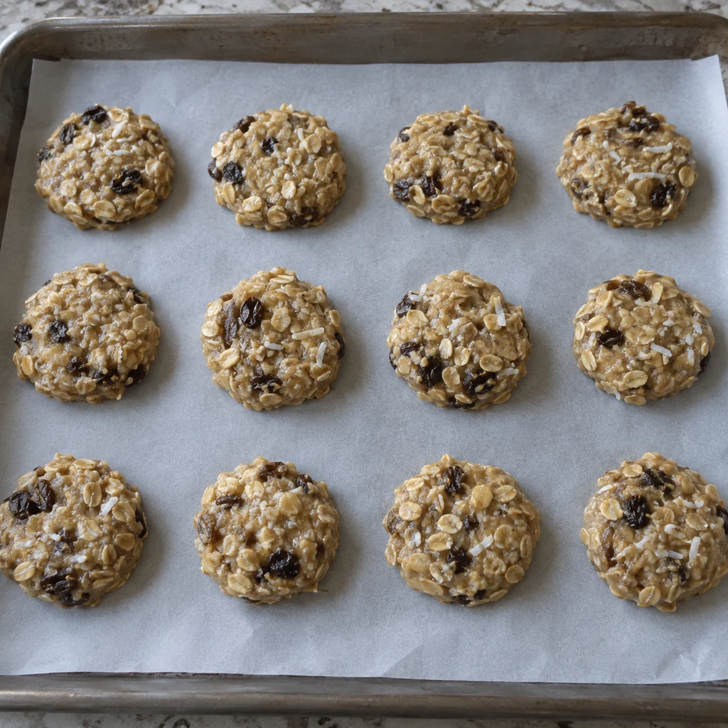 Twelve small unbaked banana oat cookies shaped in three rows of four on parchment