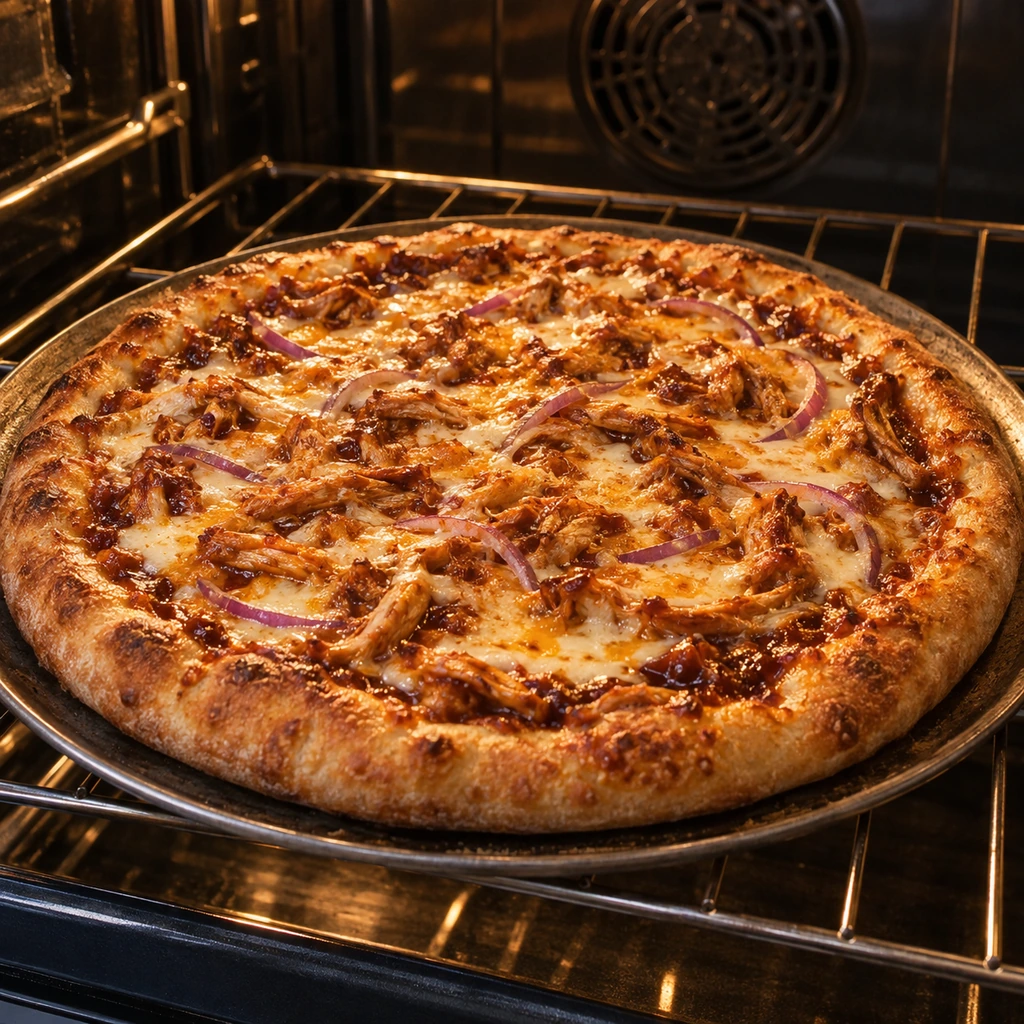 Barbecue chicken pizza baking until the crust is golden and the cheese bubbles