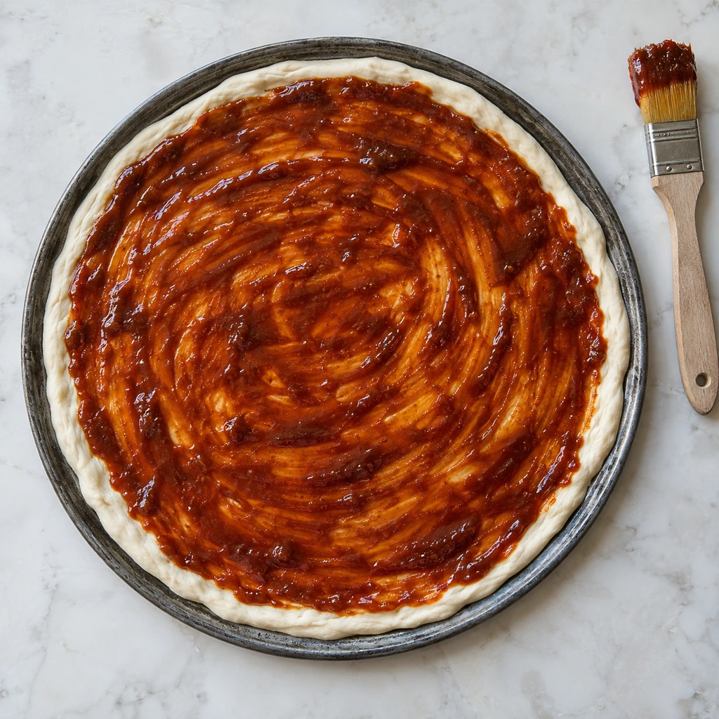Room-temperature pizza dough stretched on a round pan and evenly covered with barbecue sauce