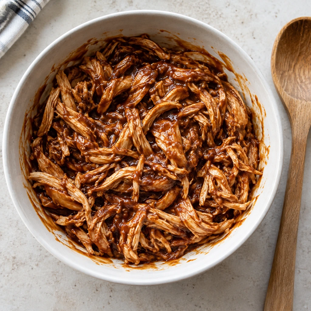 Cooked shredded chicken evenly coated with barbecue sauce in a ceramic bowl