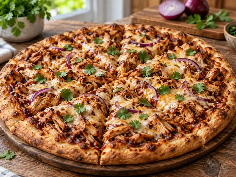 Baked BBQ chicken pizza with shredded chicken, cheese, red onion, and cilantro