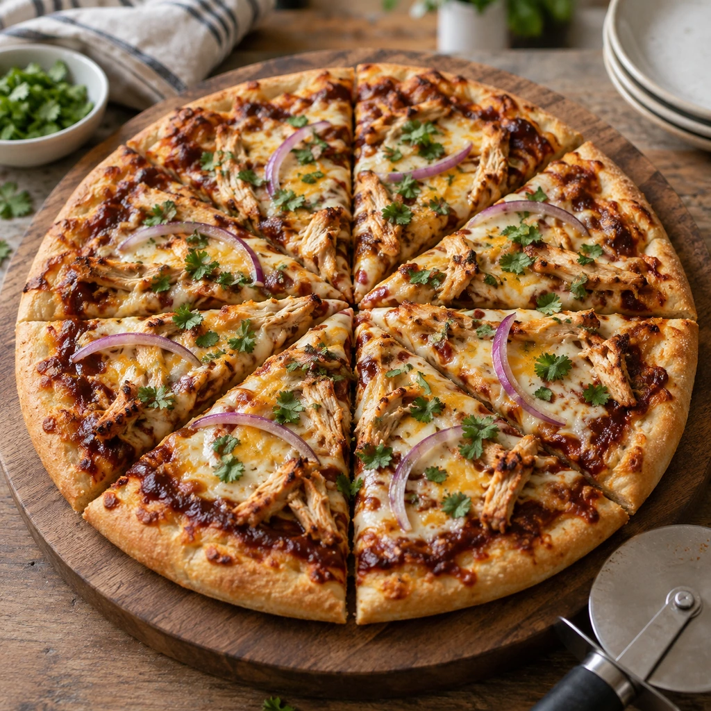 Finished barbecue chicken pizza garnished with cilantro and cut into eight slices