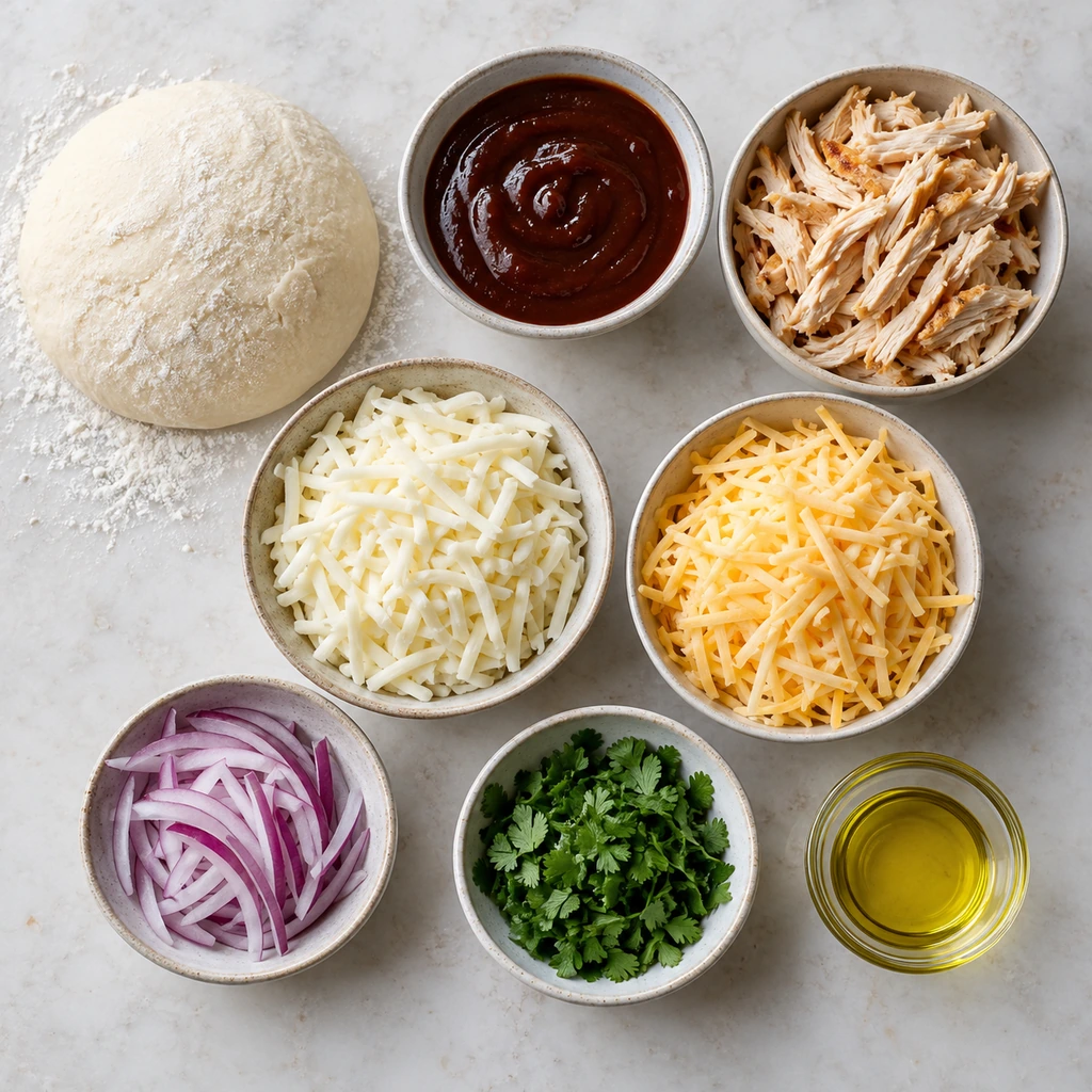 Pizza dough, barbecue sauce, shredded chicken, mozzarella, smoked gouda, red onion, cilantro, and olive oil arranged on a counter