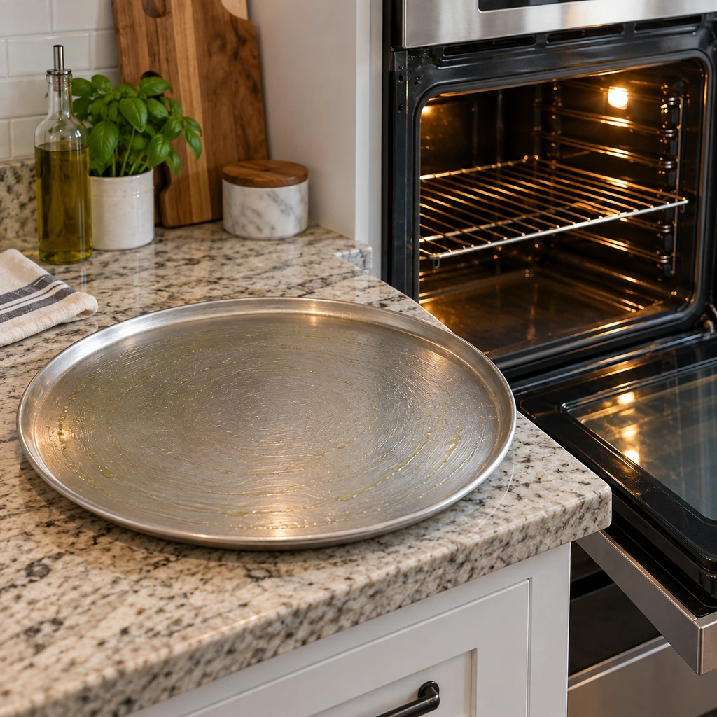 An oiled round pizza pan beside a preheating oven with an empty rack