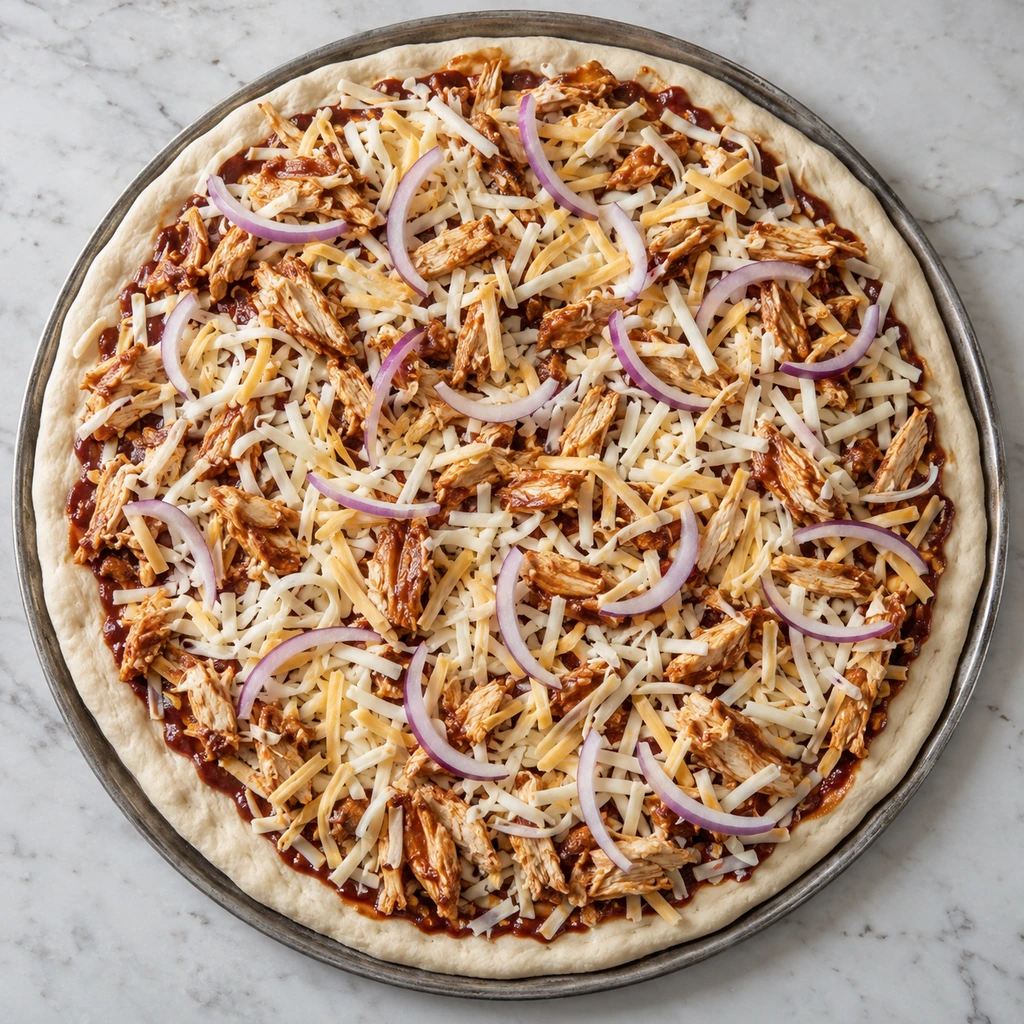 An unbaked barbecue chicken pizza topped with chicken, two cheeses, and thin red onion