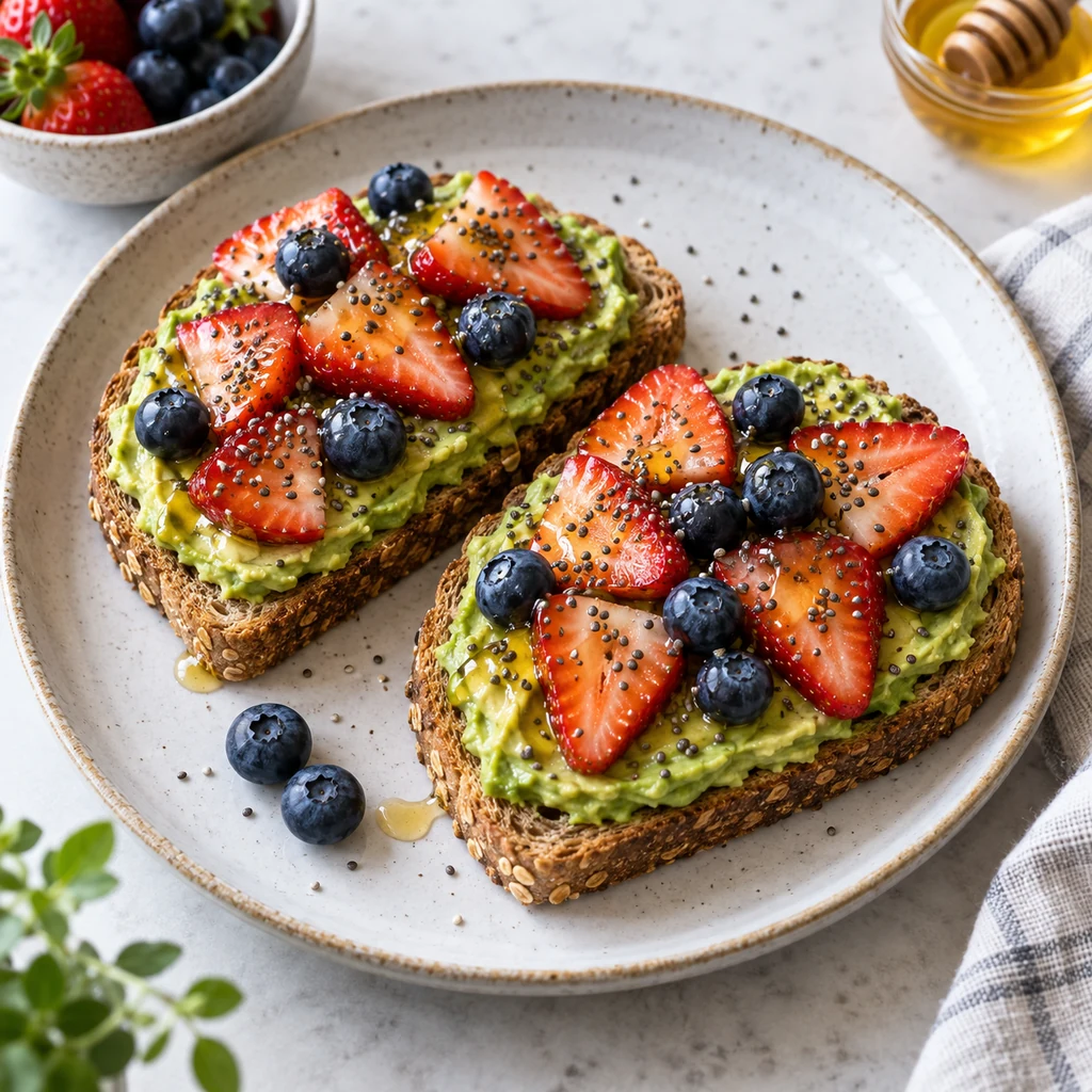 Sweet avocado toast with strawberries, blueberries, honey, and chia seeds