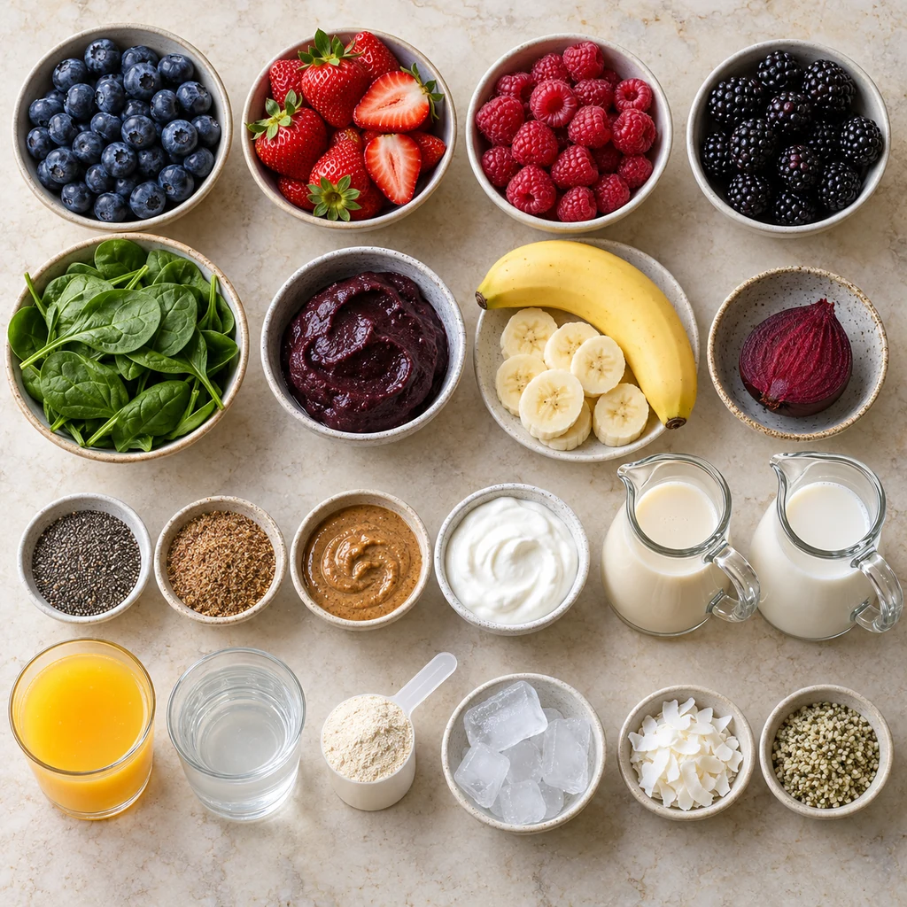Blueberries, strawberries, raspberries, blackberries, spinach, banana, beet, seeds, yogurt and smoothie liquids arranged on a counter