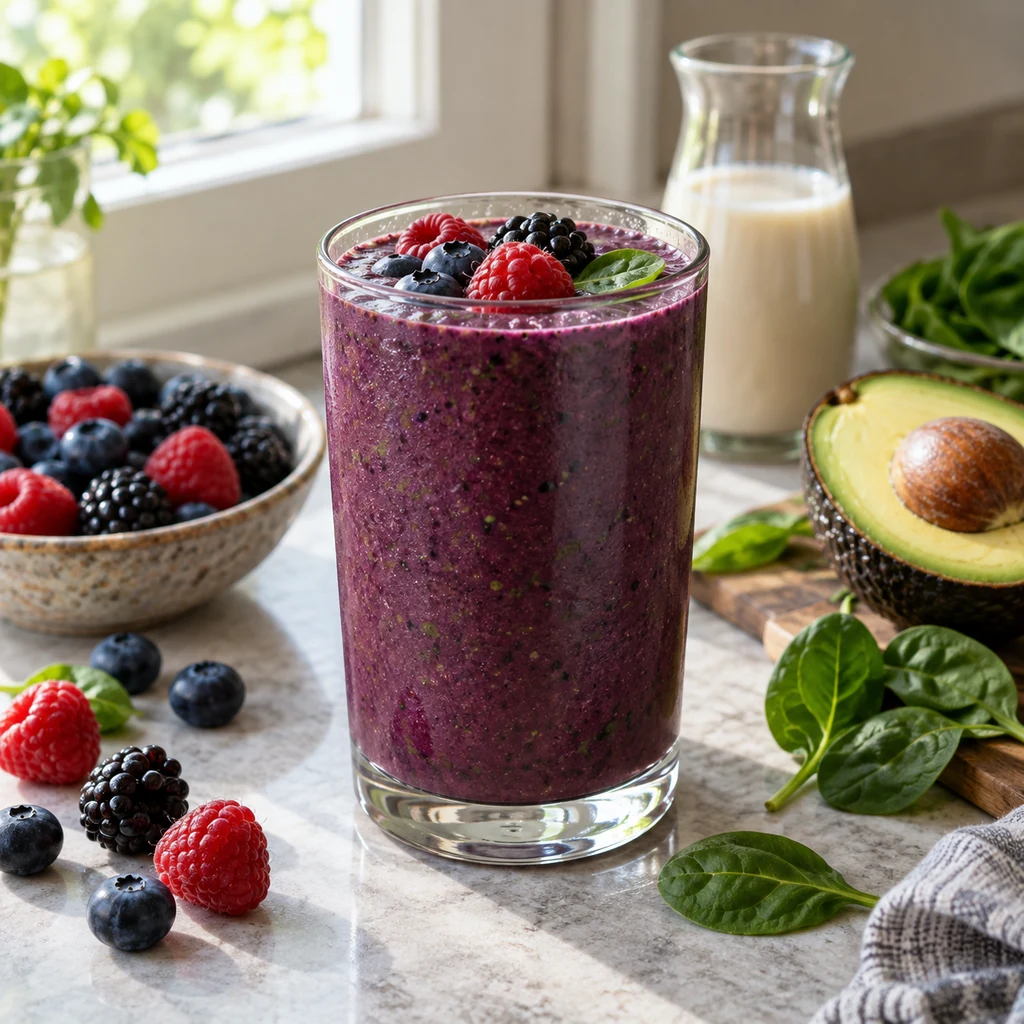 Purple mixed berry spinach smoothie with avocado and oat milk