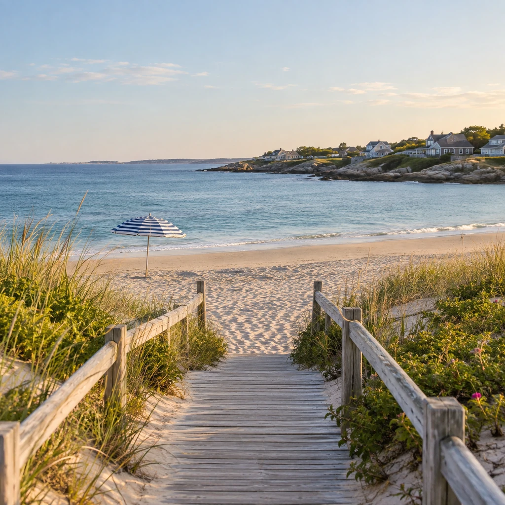 Quiet coastal town beach with dunes, boardwalk, striped umbrella, and calm blue water in soft afternoon light