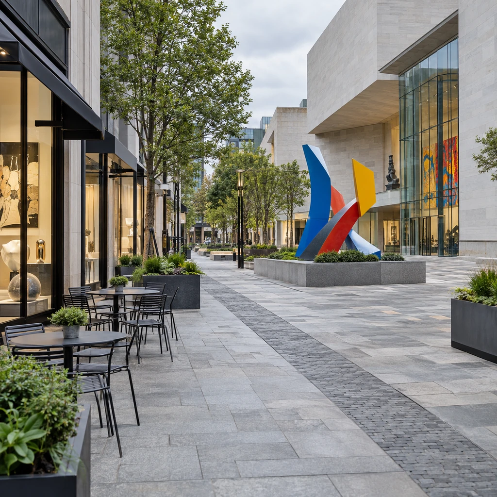 Walkable arts district with contemporary museum, colorful public sculpture, café tables, and boutique windows