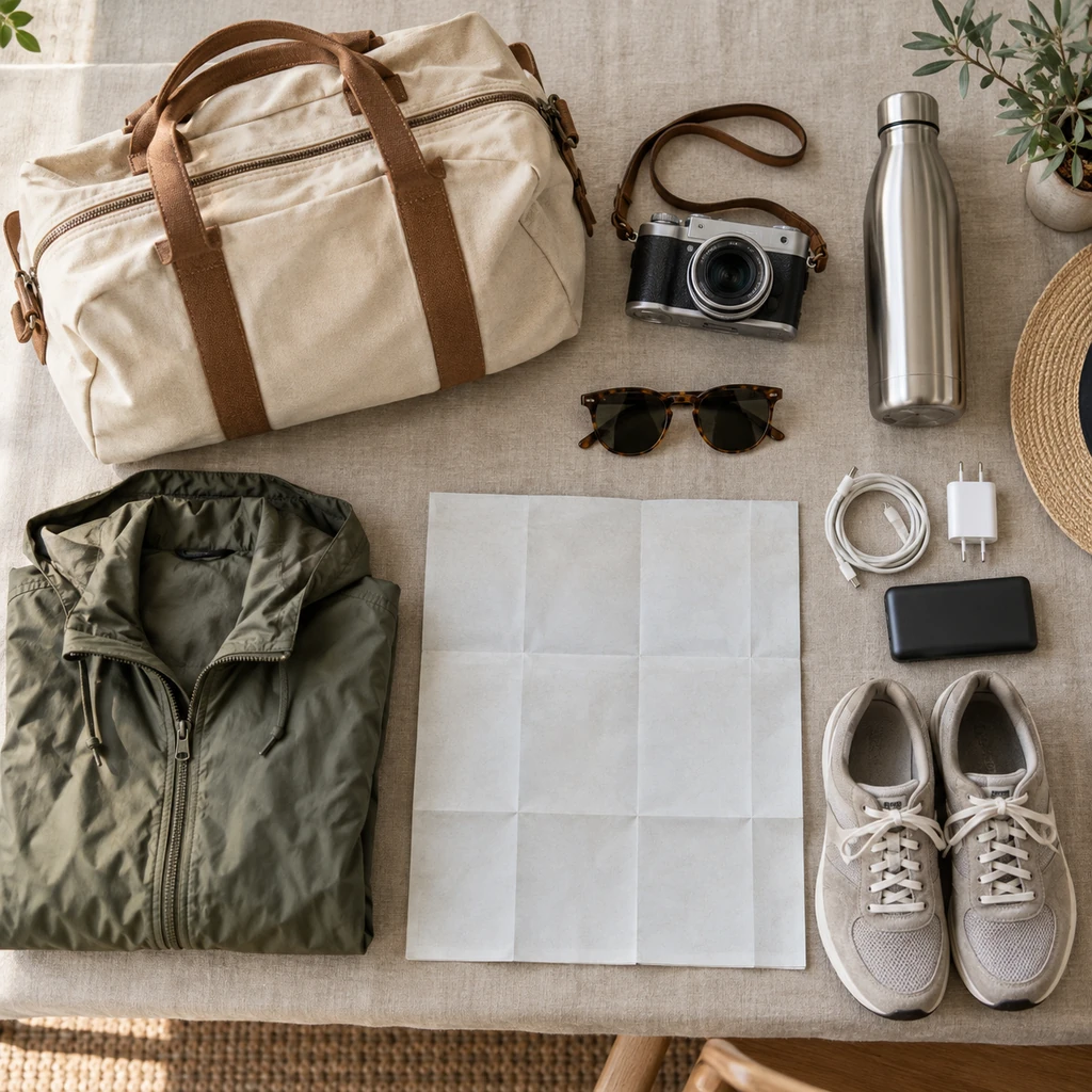 Small weekend bag, compact camera, sunglasses, reusable water bottle, light jacket, charger, and blank map arranged for a short trip