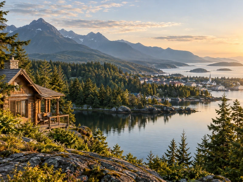 Scenic weekend getaway landscape with a lakeside cabin, forested mountains, small town, and coastline in warm morning light