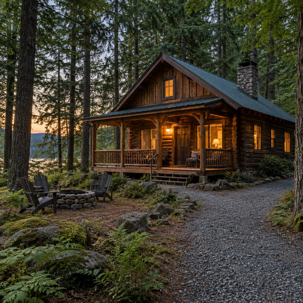 Wooden forest cabin with a covered porch among tall trees and warm evening light
