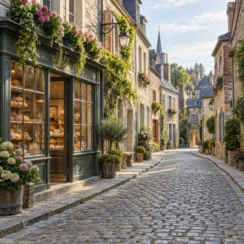 Preserved historic town street with brick buildings, cobblestones, flower boxes, and antique storefronts without signs