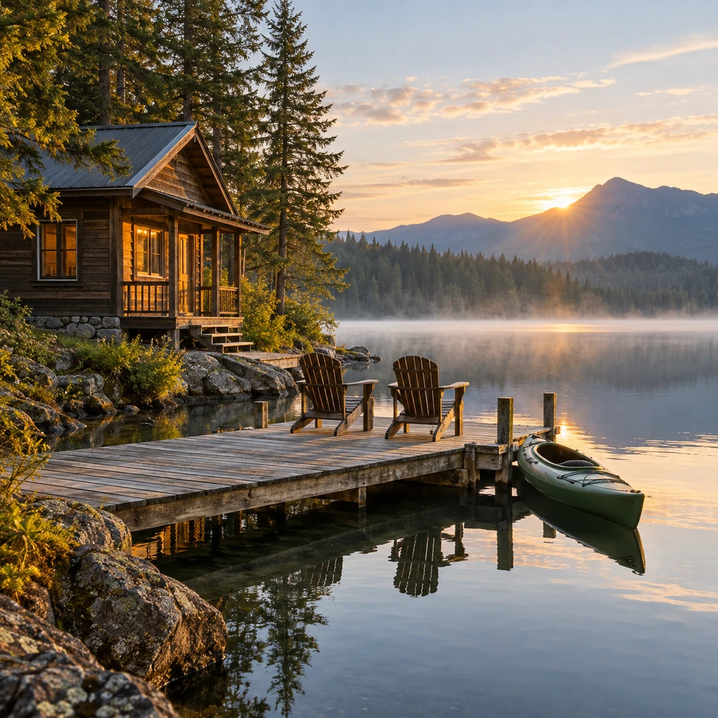 Peaceful lakeside cabin with two empty chairs on a wooden dock at sunrise