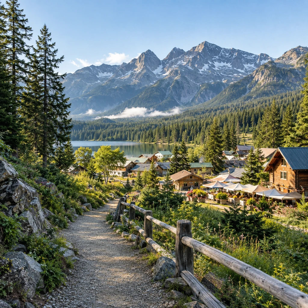 Cozy mountain town beneath forested peaks with a scenic trail and cabins in clear morning light