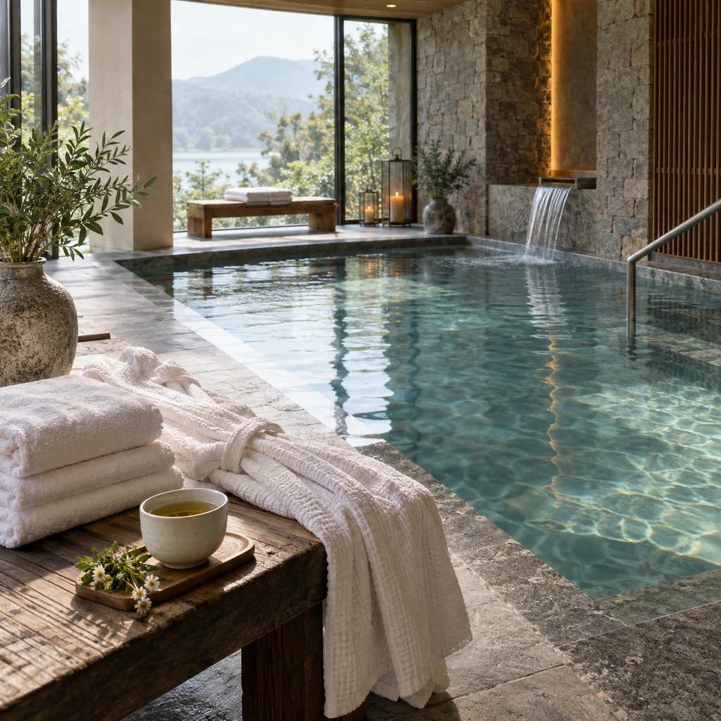 Serene spa retreat with folded towels, robe, herbal tea, indoor pool, and soft natural light