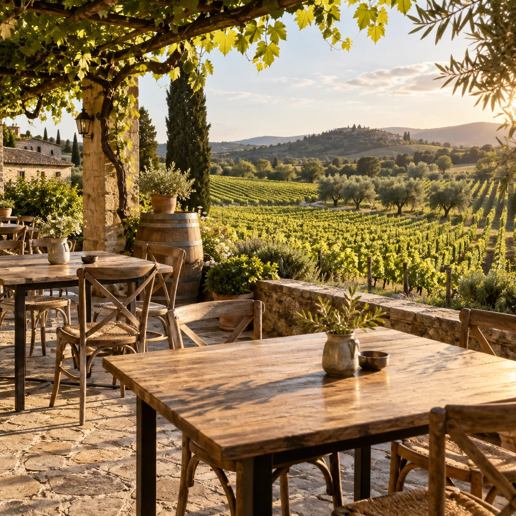 Sunlit vineyard and rustic tasting terrace with empty tables overlooking green rows of grapevines