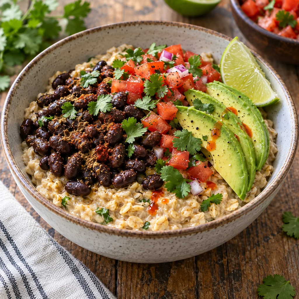 Savory oatmeal topped with smoky black beans, avocado, tomato salsa, cilantro, and lime