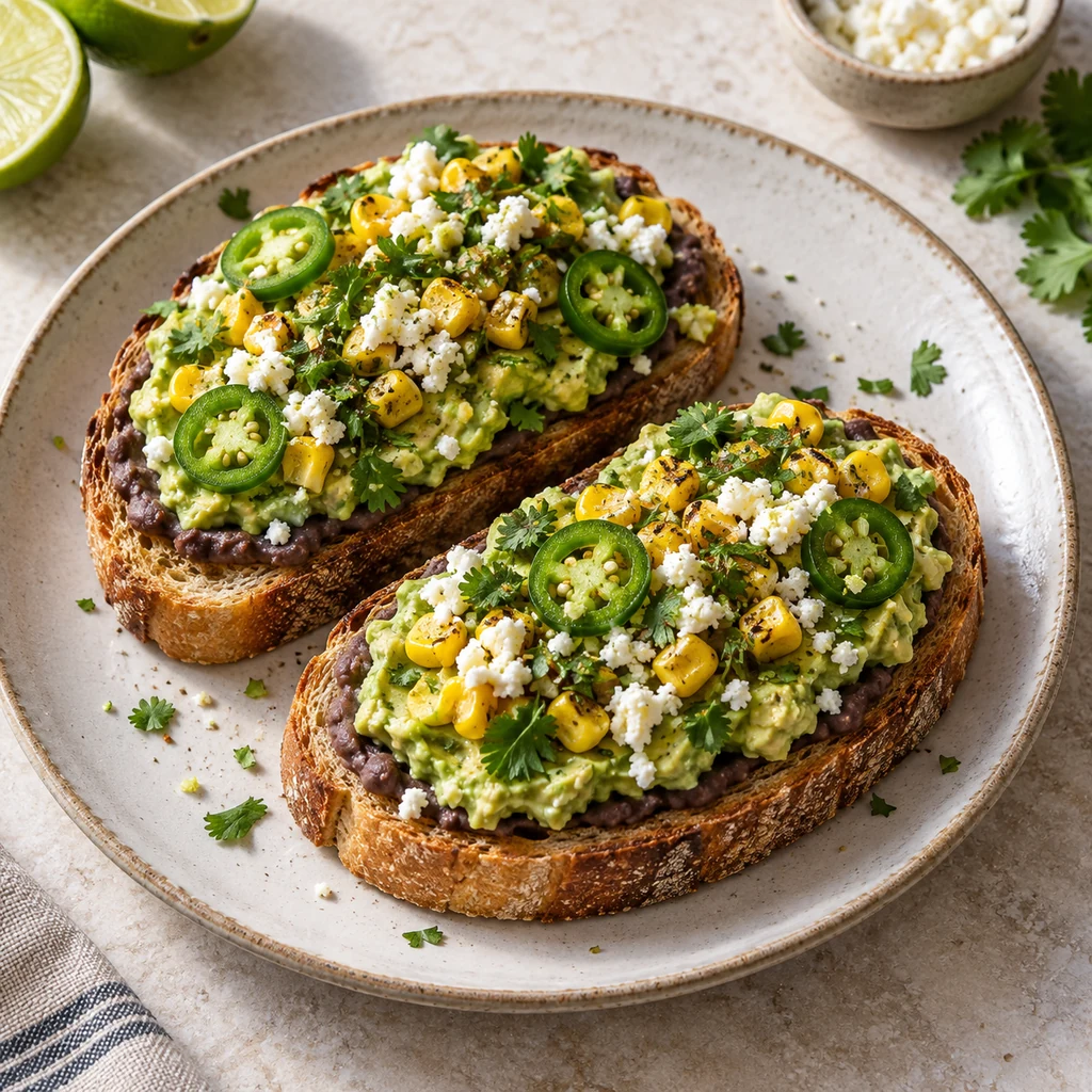 Mexican-style avocado toast with black beans, corn, cotija, cilantro, lime, and jalapeno