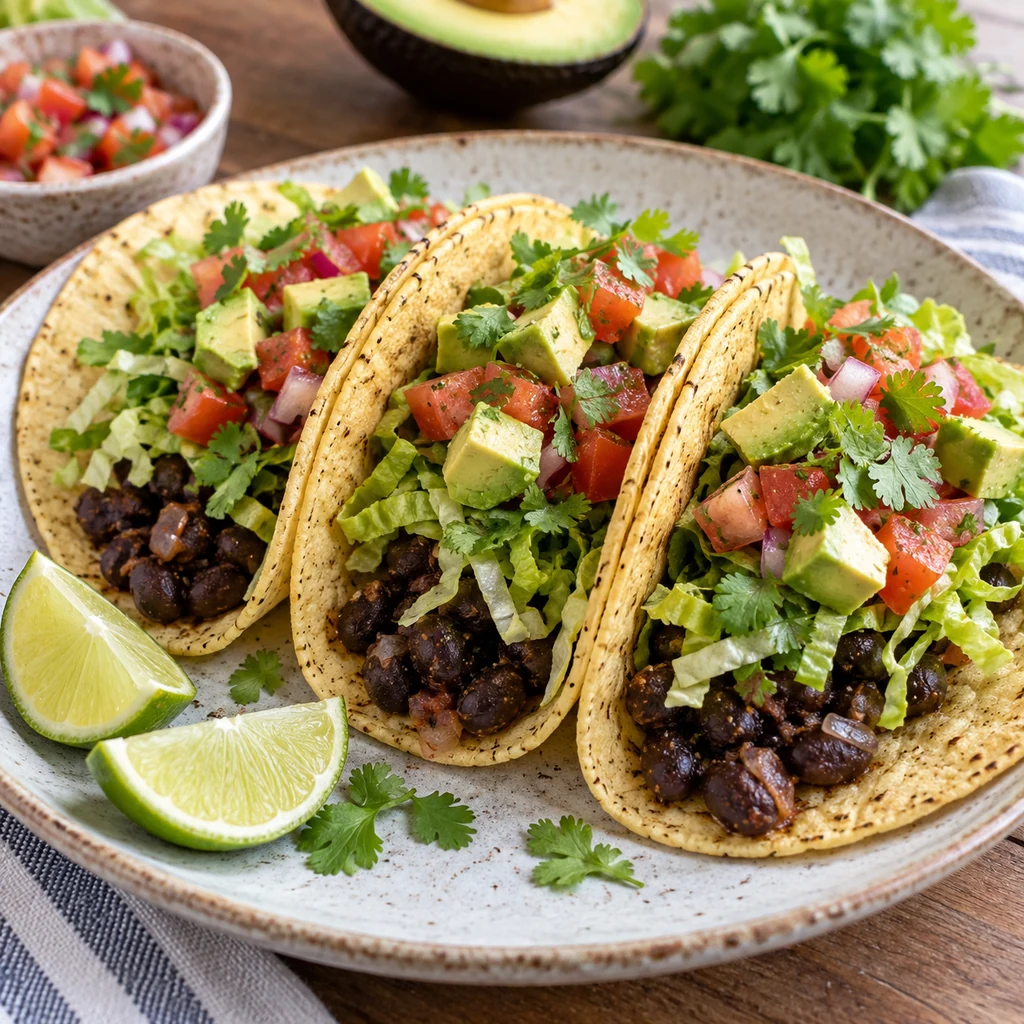 Vegan black bean tacos with lettuce, tomato salsa, avocado, cilantro, and lime