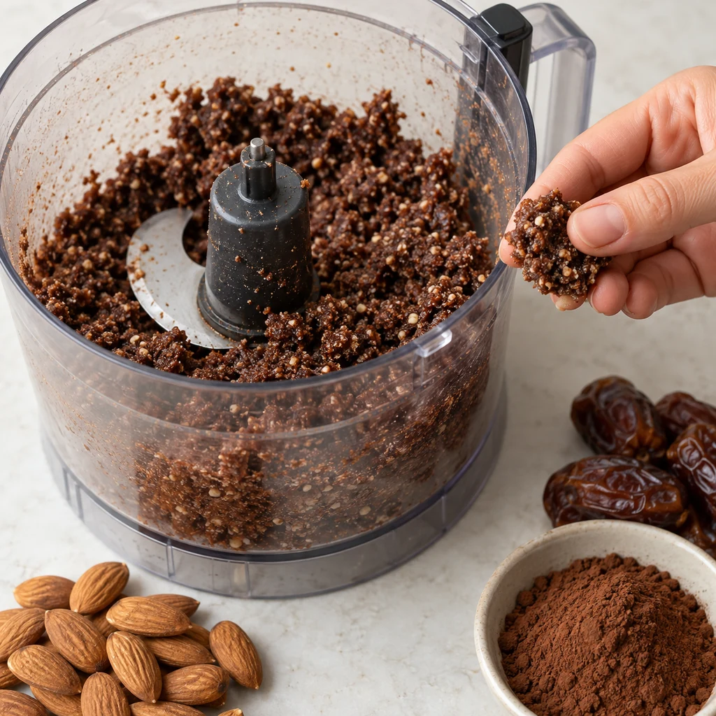 Sticky date, almond, and cocoa mixture holding together beside a food processor