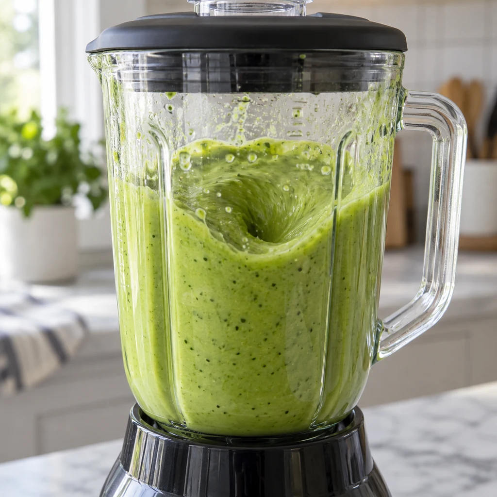 Smooth green apple and spinach mixture swirling inside a blender