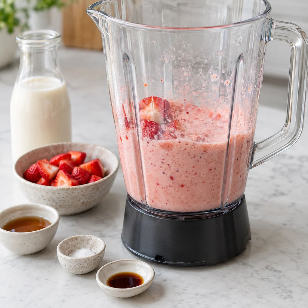 Strawberries and almond milk blended into a smooth pink base