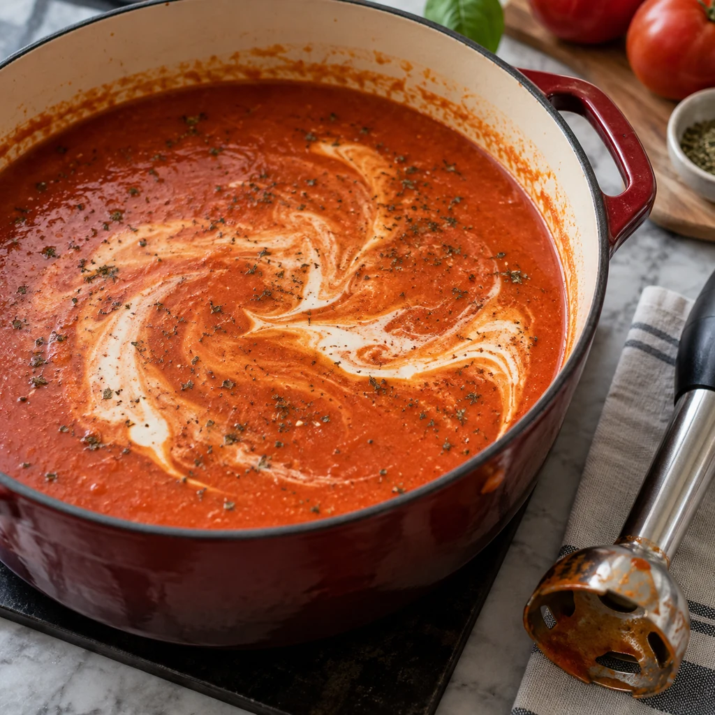 Smooth tomato soup in a pot with heavy cream swirls and dried basil being incorporated