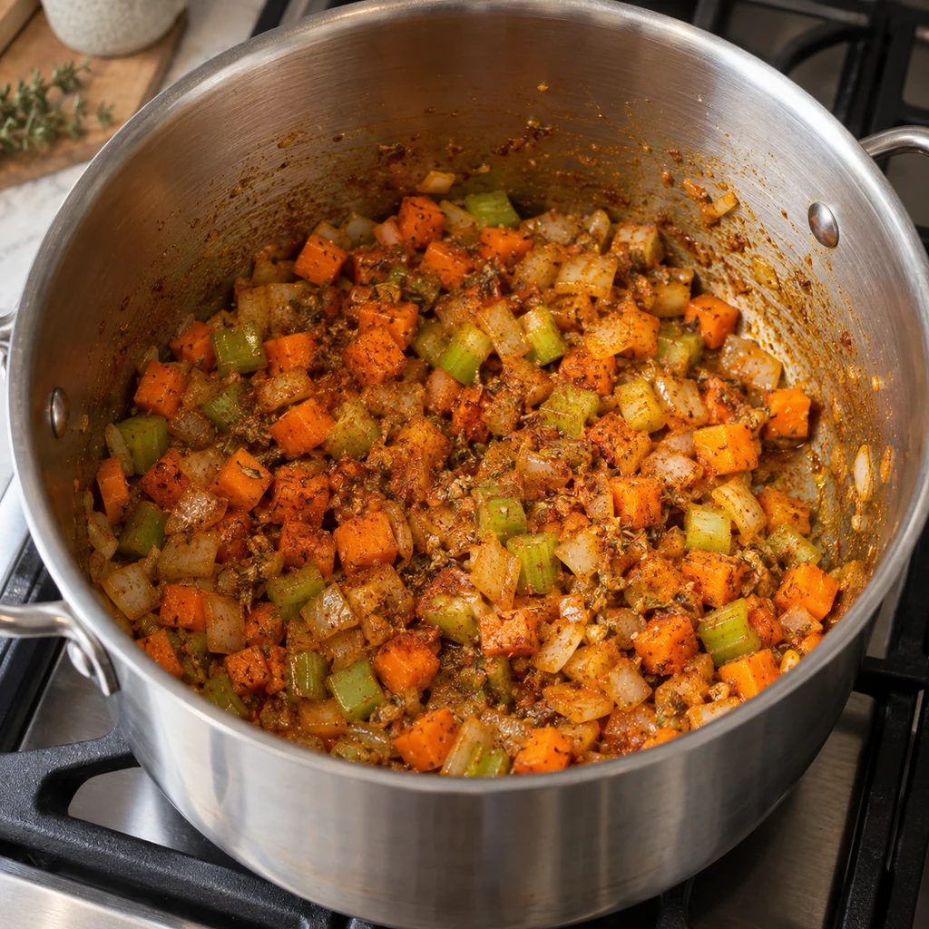 Garlic, cumin, paprika, and thyme stirred into softened vegetables