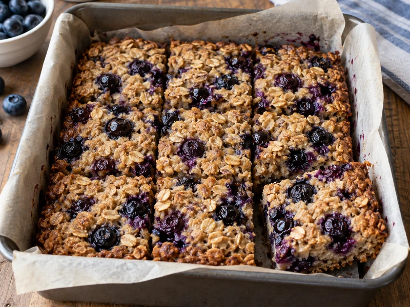 Nine cut blueberry oatmeal breakfast bars in a parchment-lined square pan