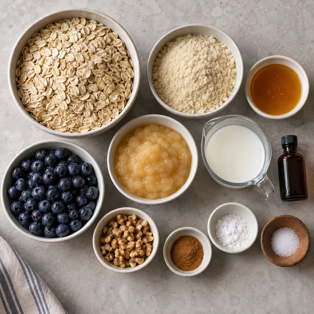 Rolled oats, almond flour, honey, applesauce, milk, vanilla, cinnamon, baking powder, salt, blueberries, and walnuts arranged before baking