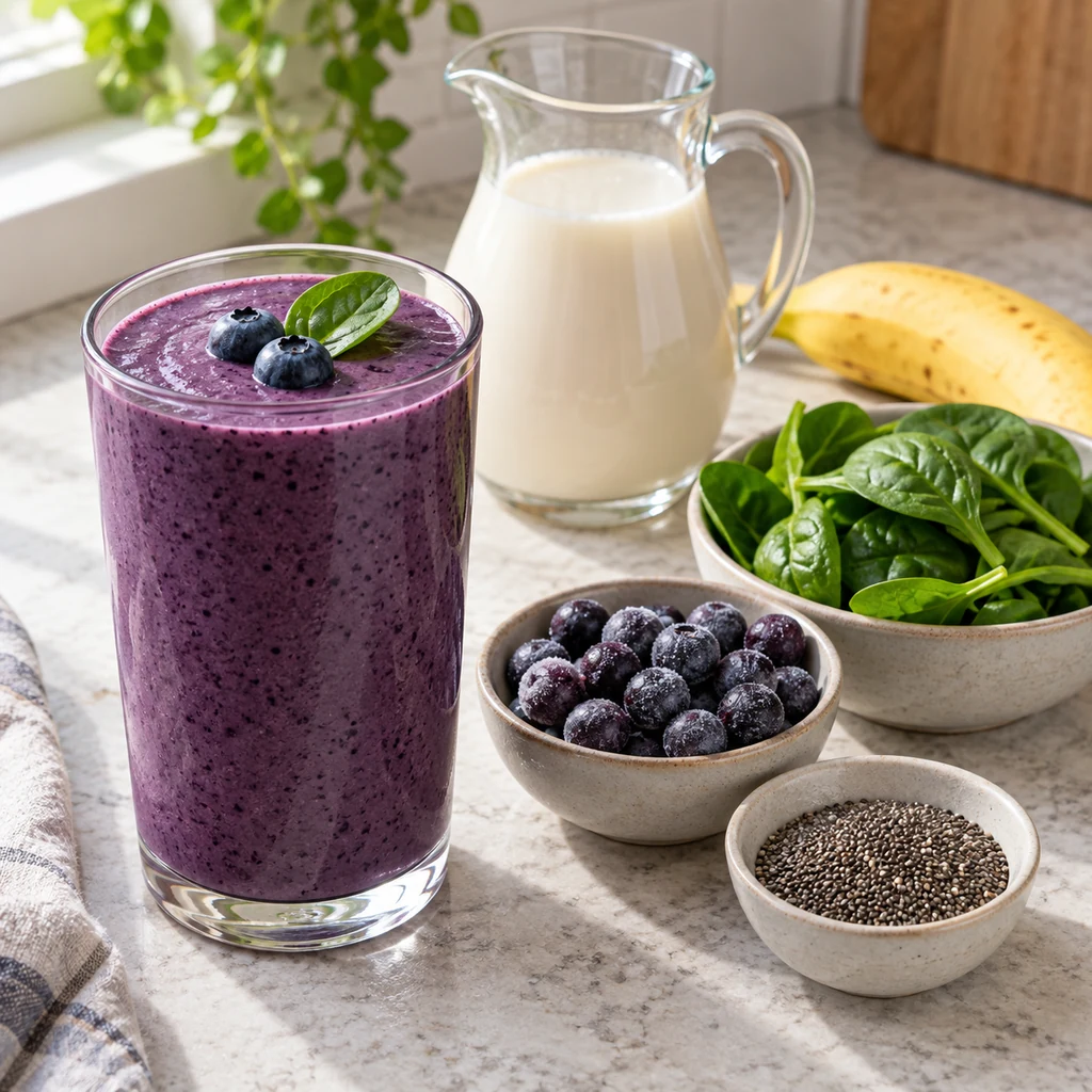Creamy blueberry spinach smoothie with blueberries, banana, spinach, chia seeds and almond milk