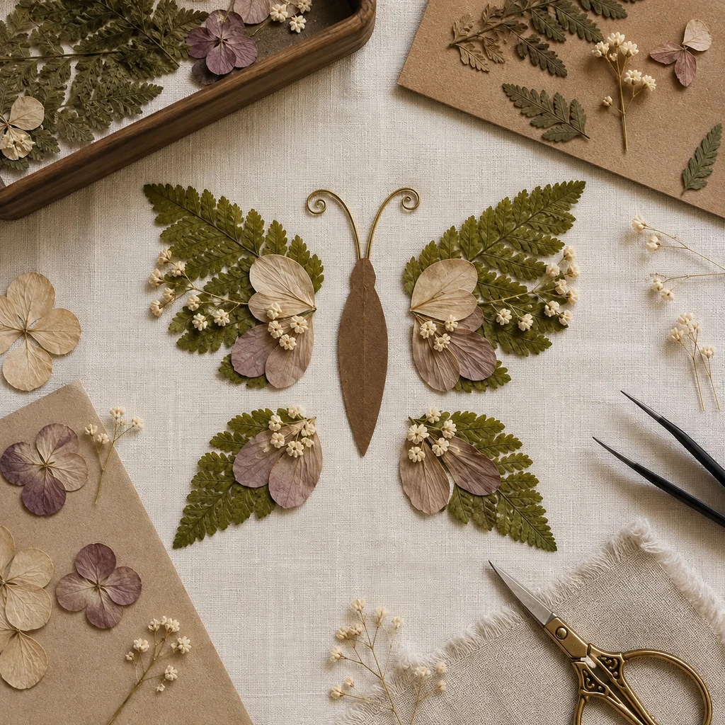 Pressed fern wings arranged symmetrically around a paper moth body