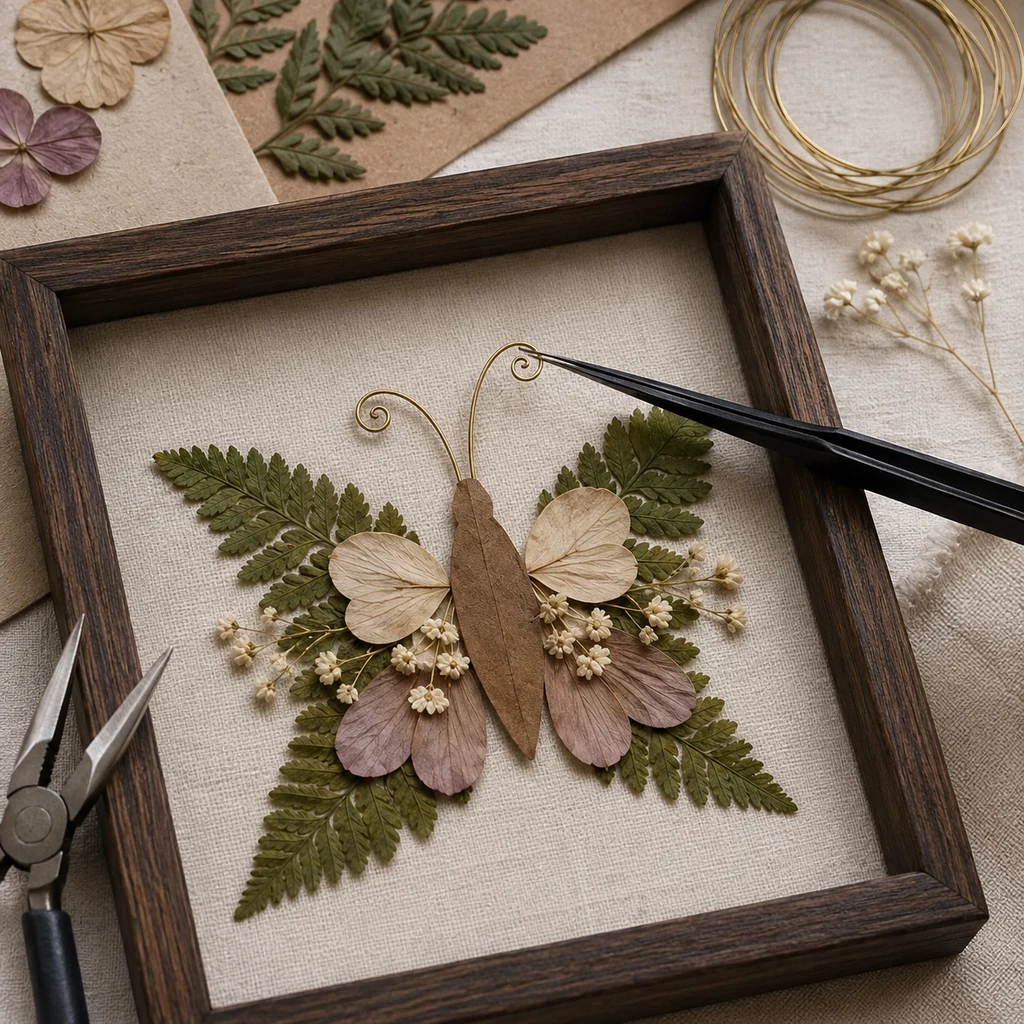 Brass wire antennae being shaped above a pressed fern botanical moth