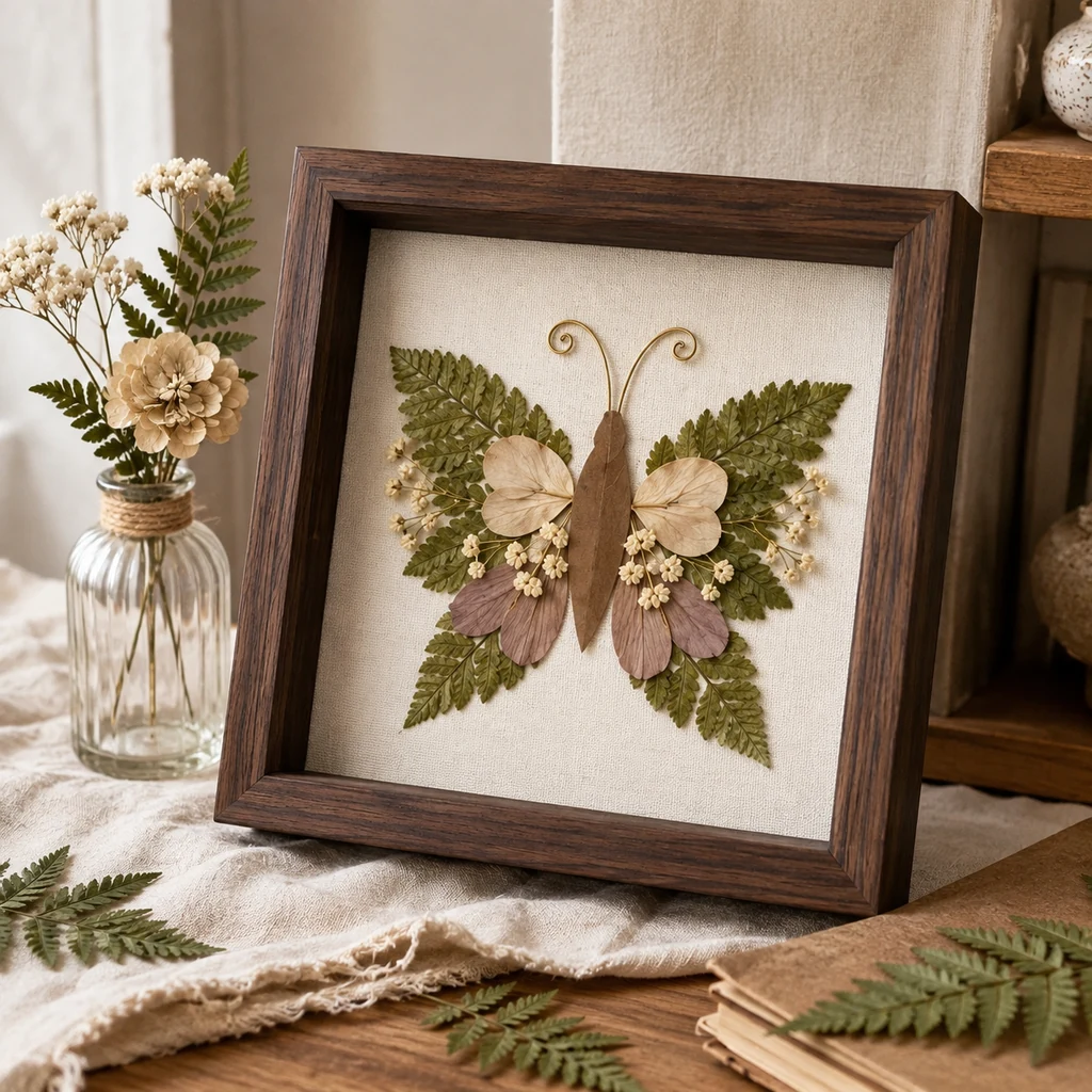 Finished botanical moth shadow box displayed with dried flowers and ferns