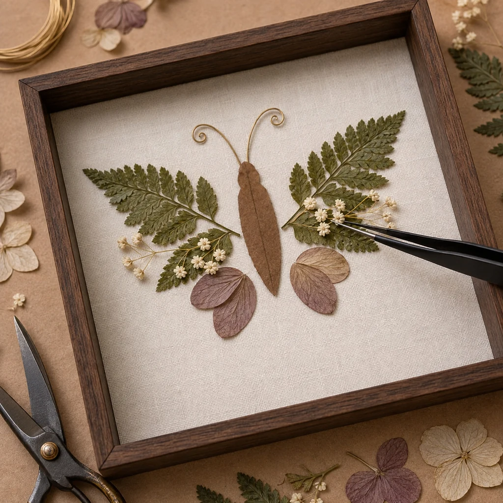 Tiny dried flowers being placed on pressed fern moth wings with tweezers