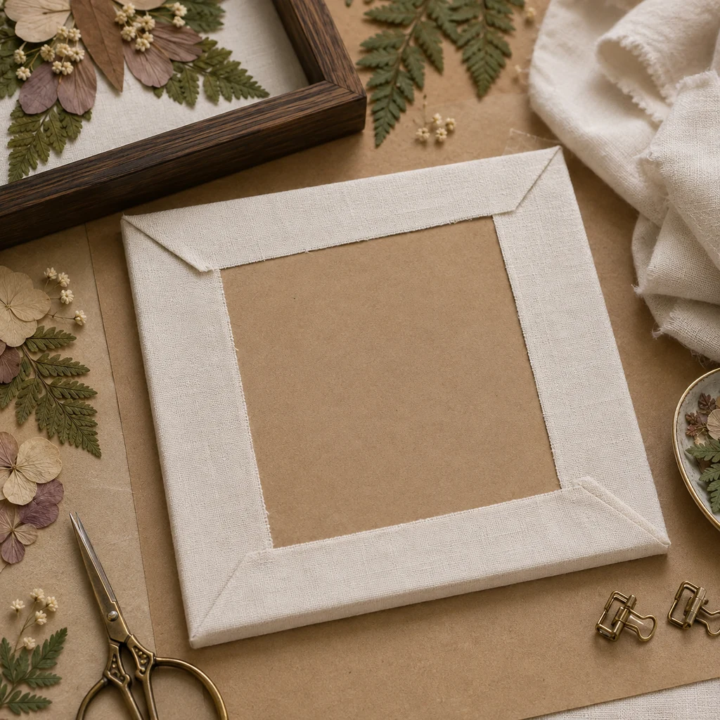 Cream linen wrapped around the backing board for a botanical shadow box