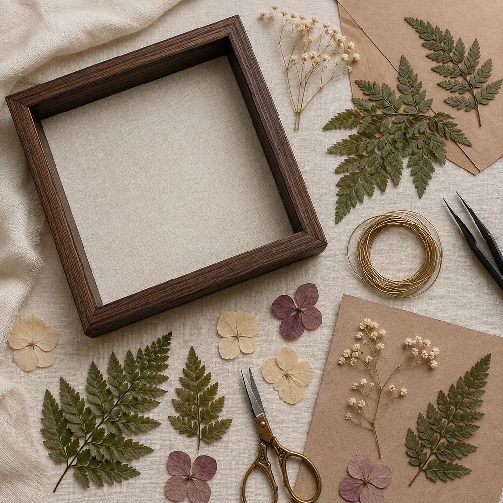 Pressed ferns petals and brass wire sorted for a botanical moth shadow box