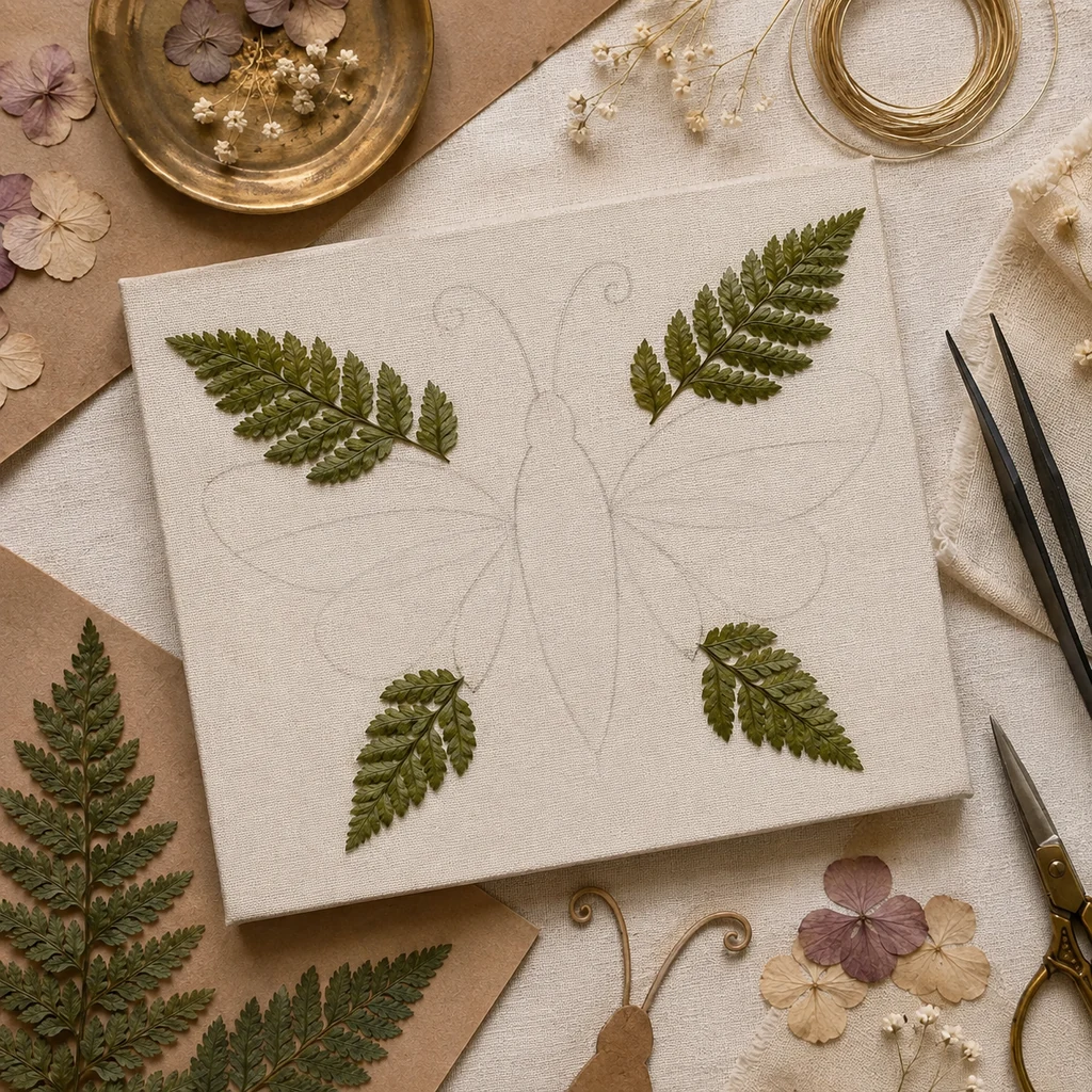 Faint moth layout sketched on cream linen with fern wings nearby