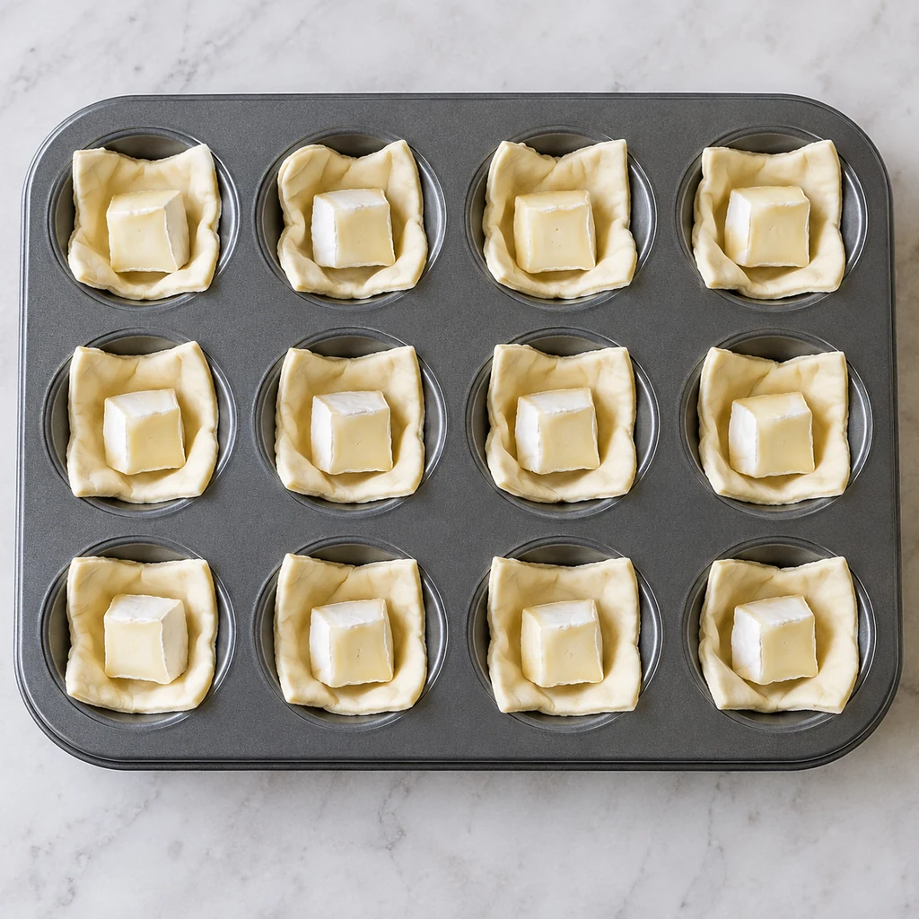 Twelve brie cubes centered in raw puff pastry cups
