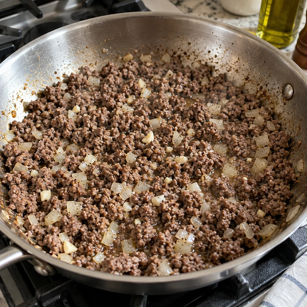 Ground beef browned with chopped onion and garlic in a skillet