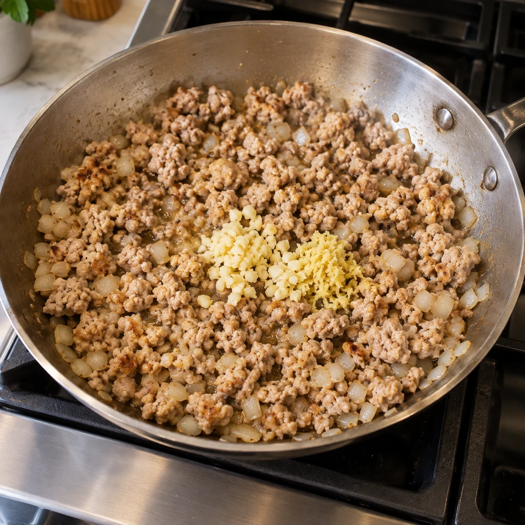 Ground chicken browning with onion, garlic, and ginger in a skillet
