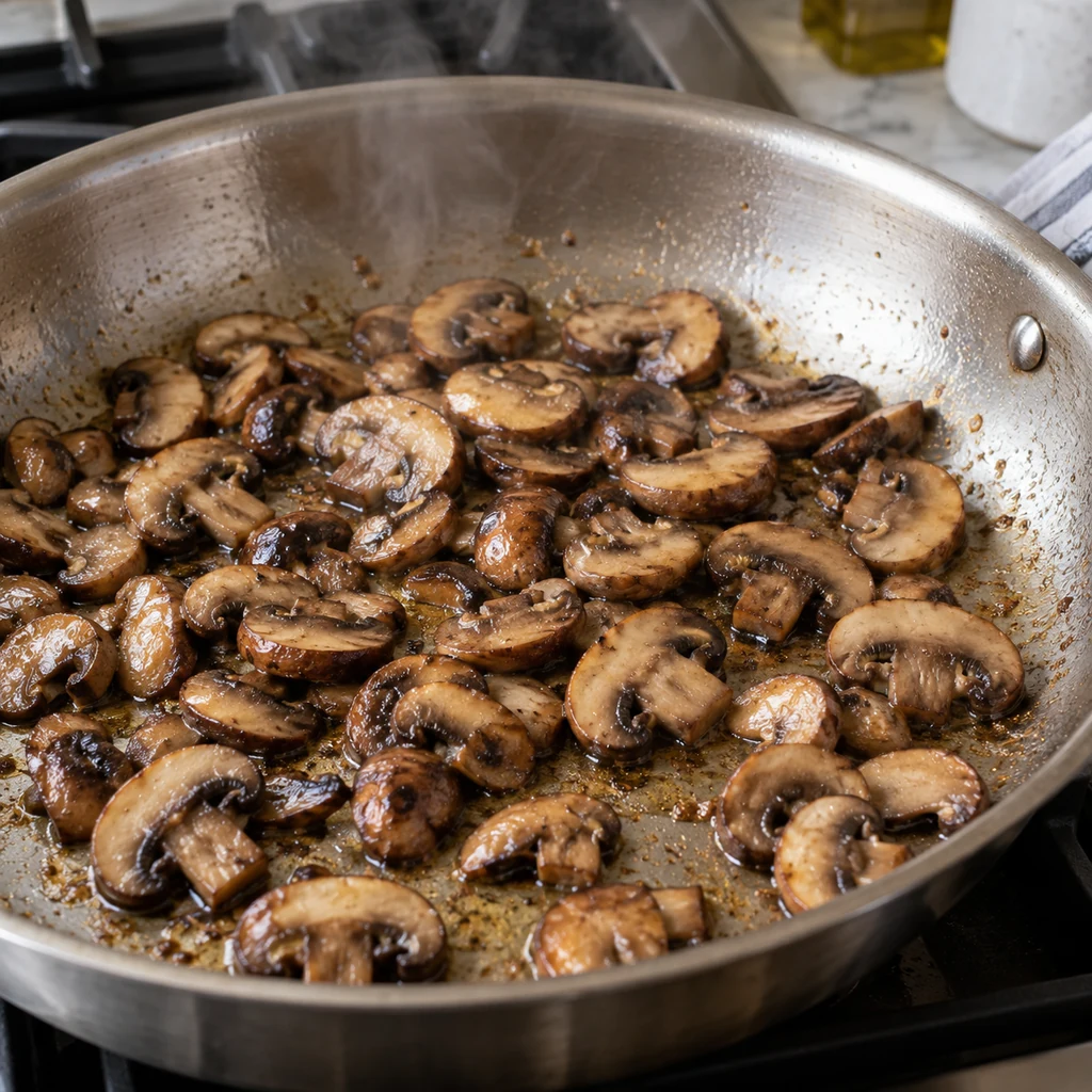 Sliced mushrooms browning in olive oil in a wide skillet