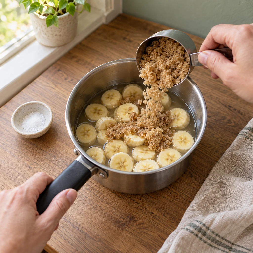 Brown sugar being added to banana slices and water in a small saucepan
