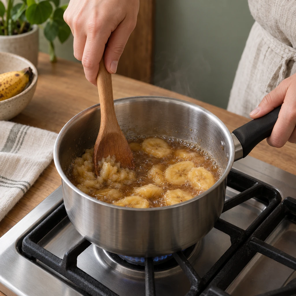 Softened banana slices being gently mashed in simmering brown sugar syrup